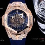 Japan Grade Iced Out Hublot Sang Bleu II Rose Gold Blue Chrono Watch set Diamonds